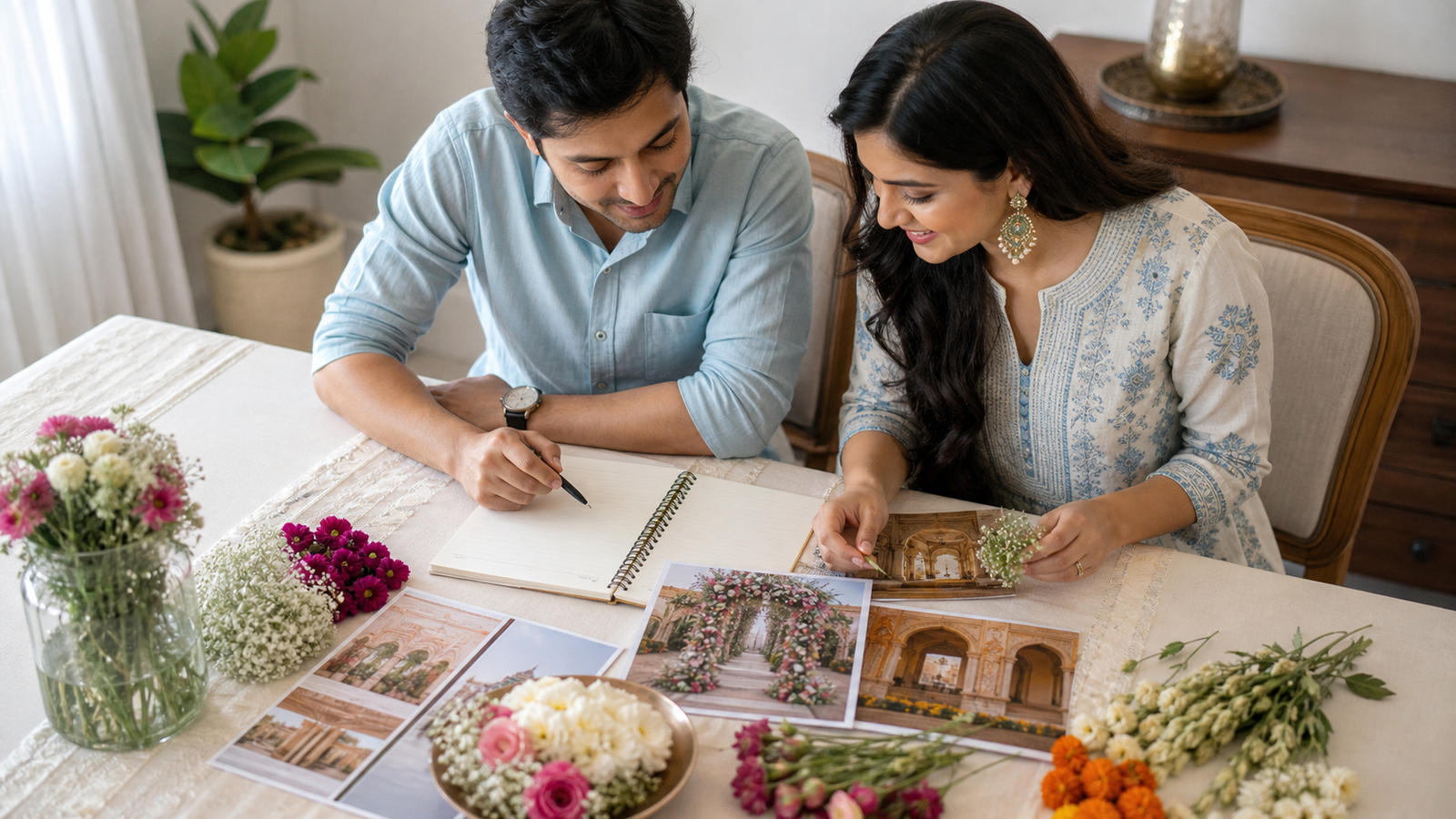 Couple planning a stylish wedding budget