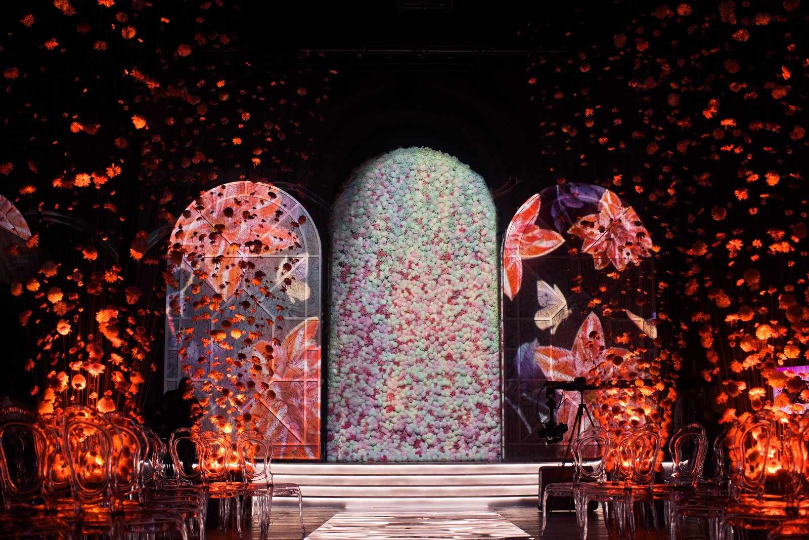 Immersive floral wedding stage decoration